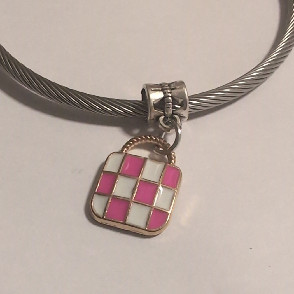Silver Gold Pink White Enamel Checkered Charm for Pandora Style Bracelet